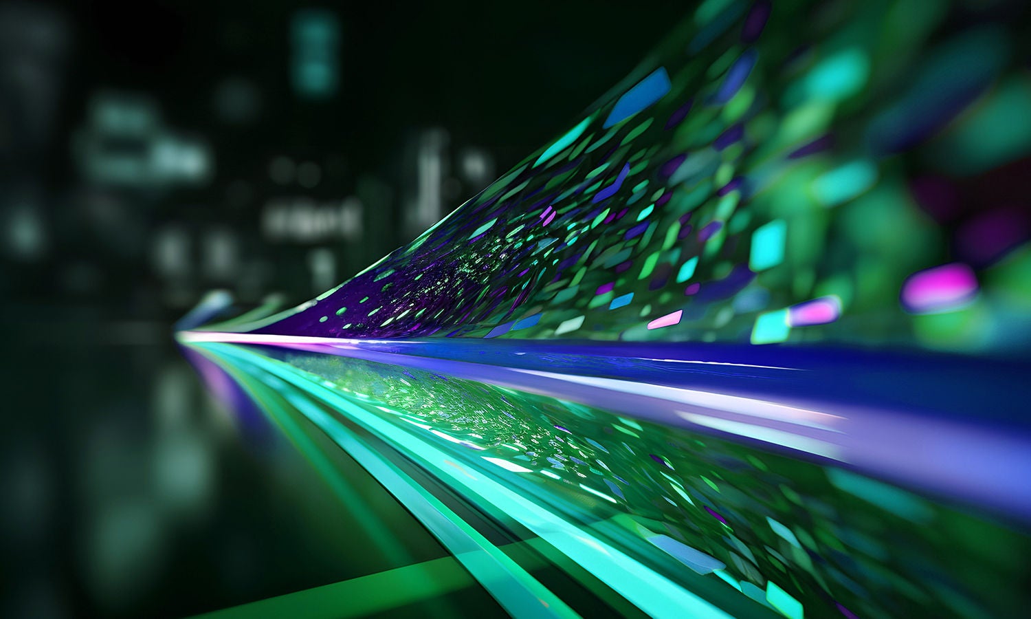 An AI representation of data flow using green, teal, purple, and pink lights flowing right to left